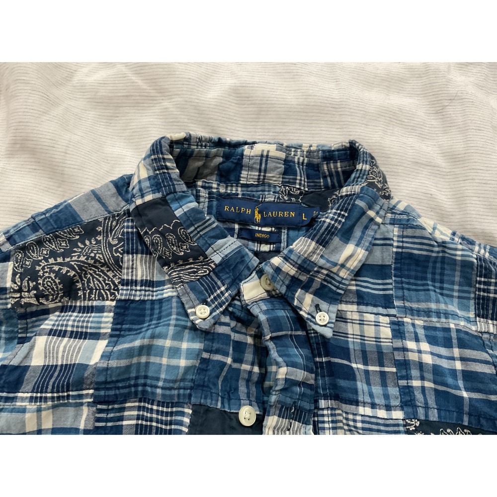 Ralph Lauren Indigo Patchwork Plaid Paisley Button Down Shirt Mens Large